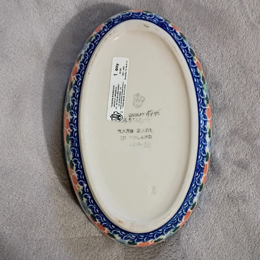 Polish Pottery Ceramika Artystyczna Blue Floral 8 In Oval Stoneware Baker